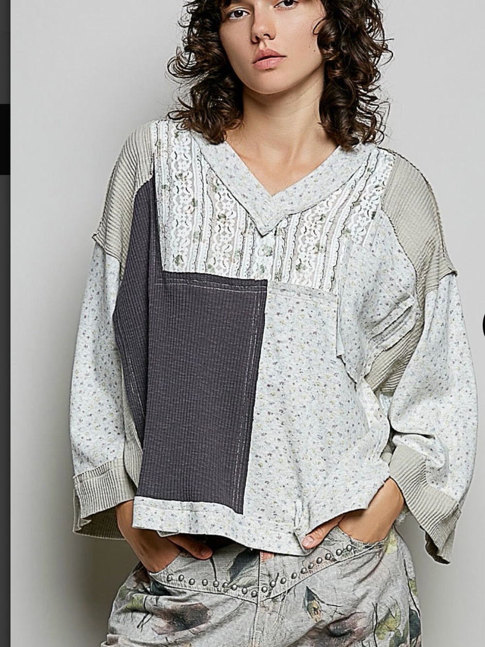 Pol Boho Patchwork Long-Sleeve Top in Light Gray